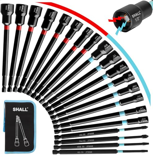 SHALL Juego de 20 destornilladores de tuerca magnéticos, destornilladores de tuerca de 6 pulgadas de largo para taladro de impacto, SAE y métrico de 1/4 pulgadas y broca de impacto con puntas de