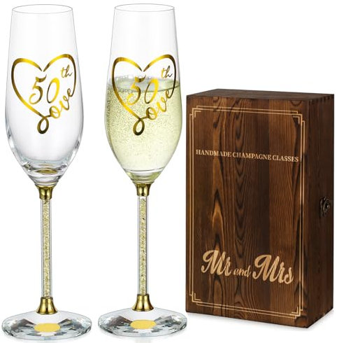 NUPTIO 50th Anniversary Wedding Gifts: Set of 2 Gold Champagne Flutes with Wooden Box for Couple Parents Friend Women Crystal Glasses Gift