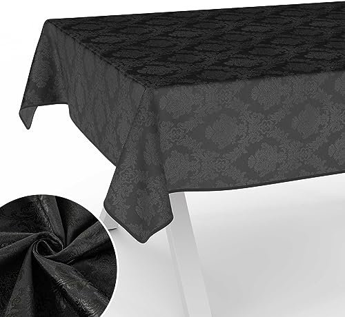 Stoff Tischdecke Textil Tischwäsche Tischtuch Baumwolle Polyester abwaschbar Uni Ornament Damast Jacquard Gewebe waschbar Barock Schwarz 160x140cm mit Saum (Eingefasst)