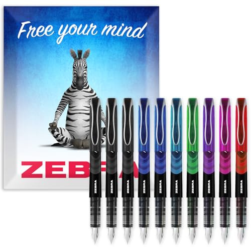 Zebra Fuente - Disposable Fountain Pen - Black, Blue, Red, Green, Violet, Light Blue & Pink Coloured Ink - In Envelope Gift Packaging - Pack of 10