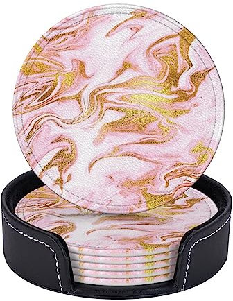 Runde Untersetzer, Lederuntersetzer, Getränkeuntersetzer, Tassenuntersetzer, 6er-Set für Zuhause/Büro/Bar, Glitzer Galaxy Flow Pink Gold Bedruckt