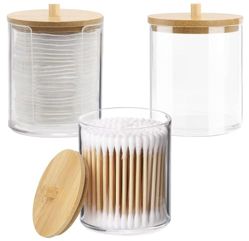 Diompirux 3 Piezas Dispensadores de Discos Desmaquillantes, Caja de Almacenamiento de Hisopos de Algodón, Algodón con Tapas de Bambú Contenedor, para Organizador de Almacenamiento de baño