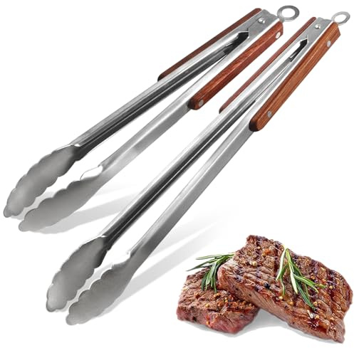 Esie Houzie 16 & 12 Heavy Duty Stainless Steel Grill Tongs with Locking Mechanism & Heat-Resistant Wooden Handle - 2-Pack BBQ Tongs for Grilling, Barbecue, Kitchen Cooking Accessories