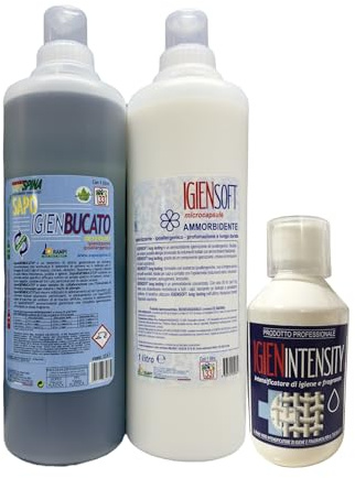 HOME PRO Kit de lavage professionnel complet Igiensoft Assouplissant Hygien Lessive Lave-linge Hygien Intensity Parfum lessive désinfectant hypoallergénique parfumé concentré