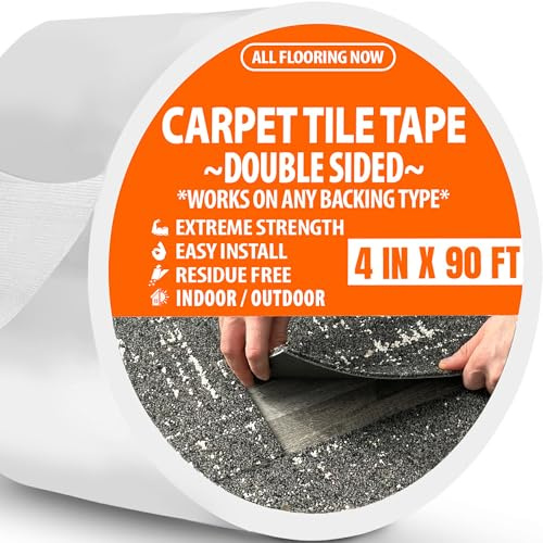 All Flooring Now Carpet Tile Tape Wide Double Sided 4in x 90ft - Heavy Duty Reinforced Web Mesh & Residue Free - Indoor Outdoor for Carpet Tiles, Hardwood, Vinyl, Rugs, Carpet, Rubber & Mat Gripper