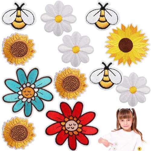 MEZHEN Patches Zum Aufbügeln Blume Biene Bügelflicken Kinder DIY Aufnäher Applikation Flicken Zum Aufbügeln Sonnenblume für Kleidung T-Shirt Jeans Taschen Flicken Patches