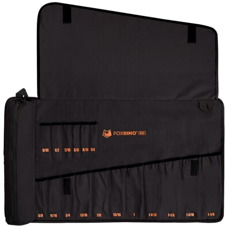 Foxrino Wrench Roll, Wrench Roll Up Pouch, 17-Pocket Heavy Duty Canvas Wrench Organizer Bag for SAE Combination Wrenches, Portable Tool Roll Bag, Gifts for Men for Fathers Day (Black, 17+1 SAE)