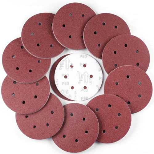 150 mm Disco de Lija, 100 Piezas Redondas Papel de Lija 60 Grano | 6 Agujeros Hojas de Lija para Lijadora Orbital Excéntrica