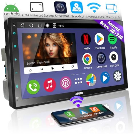 ATOTOEXCEL A6PF 7 Pulgadas Radio de Coche Android 2 DIN, Carplay inalámbrico, Android Auto,Tethering de WiFi/BT/USB, Ecualizador de 36 Bandas, DSP, Seguimiento GPS, Doble Bluetooth, 2G+32G