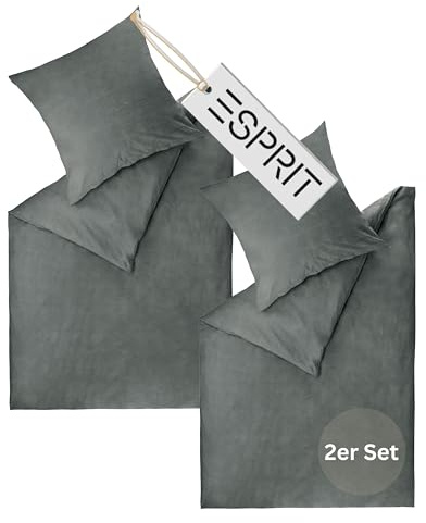 Esprit Home Premium Biancheria da Letto 140x200 Cotone 4 Pezzi Antracite - Set di Biancheria da Letto 4 Pezzi Composto da 2 Copripiumini 140x200cm - Incl. 2 Federe 70x90cm - Certificato Öko-Tex