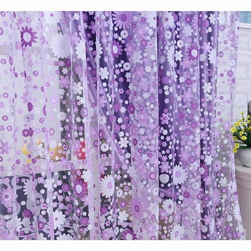 DFGLIK 1 Stück Wohnzimmer Schlafzimmer Küche Blumenmuster Voile Transparente Vorhänge für Behandlungsvorhänge Jalousien-Lila Tüll-1 Stück 150X200-Stangentasche
