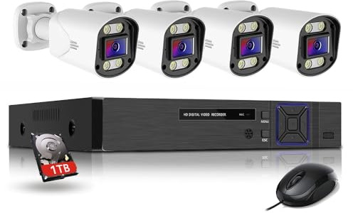 JUSTOP Starlight 8 Channel Outdoor CCTV Camera System, Smart Security Kit, Full Colour Night Vision, AOC Audio Recording, H.265+ DVR with 1TB Hard Drive and 4x 1080P Cameras, Email & APP Alert