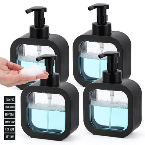Segbeauty Dispensador Espuma, 4 Piezas 500ml Dispensador Jabon Baño Negro, Dispensador Gel y Champu Ducha, Botella para Espuma de Plástico, Dosificador Jabon con Etiquetas