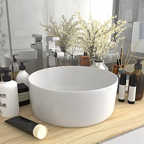 Brokky Lavandino Lusso Rotondo Bianco Opaco 40x15 cm in Ceramica-Ceramica,Finitura Bianco Lucido - Lavandino Design Moderno Bacinella Lavamani Lavello Sanitari Bagno