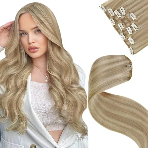 LaaVoo Clip in Extensions Echthaar Blond Haarverlängerung Echthaar Clip in Doppelt Tressen Blondine Highlight Mittelblond 80G/5Stück Extensions Echthaar Clip Blond Dickes Haare 35cm