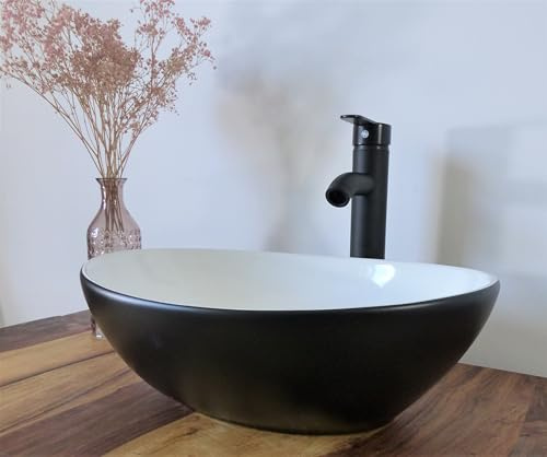 Nero Waschtisch Set Komplettset Keramik Aufsatz Waschbecken schwarz weiß oval 40x32cm +Ablaufgarnitur +Armatur schwarz matt