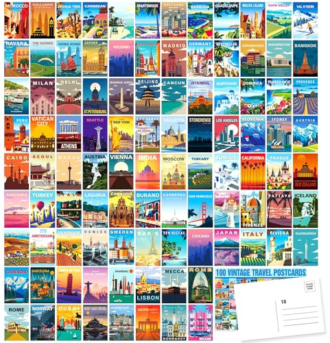 LCLAIDYDY 100 Vintage Travel Postcard Set,World Famous Country City Illustrations Mailing Postcards,Travel Decor Posters Prints Post Cards for Travelers 4x6