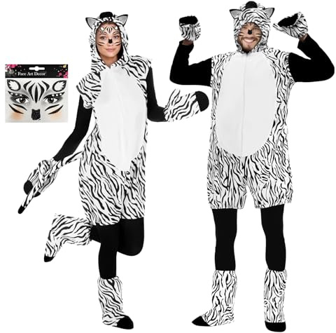YODITI Zebra Kostüm Damen Herren Erwachsene: Tierkostüm Damen Faschingskostüme Dschungel Kostüm Unisex Adulte mit Ohren und Schwanz - Tier Jumpsuit kostüm für Fasching Karneval Mottoparty Verkleidung