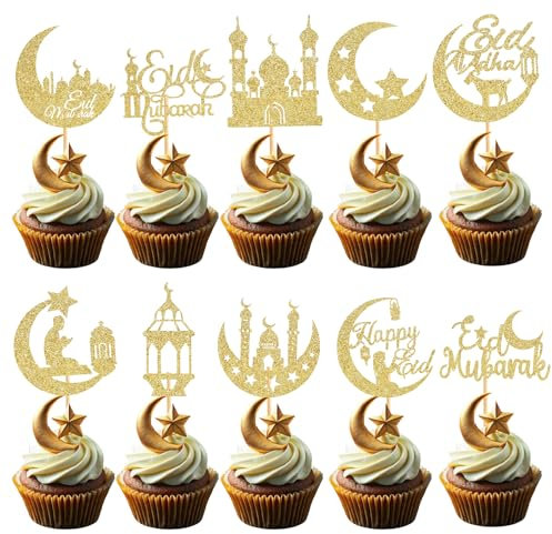 60 Pcs Eid Mubarak Cupcake Toppers,Glitter Moon Star Ramadan Kareem Cupcake Toppers for Eid Islamic Muslim Party Cake Decorations