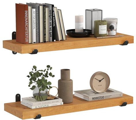 YORKING Handcrafted Solid Wood Shelves Wall Mounted Floating Shelf, Fixed Floating Shelf with Black L-Brackets for Kitchen, Bathroom, Living Room, Bedroom, Office Decor, Set of 2