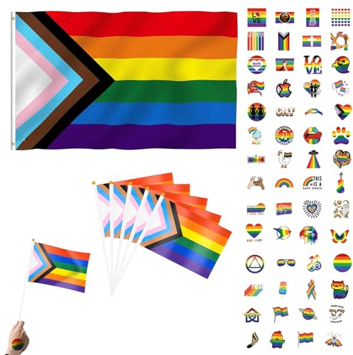 CLDURHGE Bandera Orgullo Gay y Stickers Set: Bandera 150x90cm + 5 Banderas 14x21cm + 55 Stickers PVC + Bastones de Plástico 30cm, Decoración para Fiestas y Celebraciones