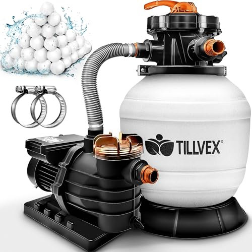 tillvex Pompa Filtro Piscina Portata 13.200L/h fino 40.000L | 7 funzioni filtrazione | Adattatore 2in1 Ø32-38mm + indicatore pressione | Filtro sabbia piscine (Bianco/Arancione)
