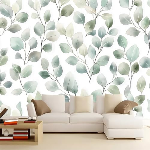 Papel tapiz 200 x 140 cm Papel tapiz no tejido para dormitorio sala de estar habitación de niños decoración pared moderna Plantas Hojas De Eucalipto De Acuarela patrón foto papel tapiz Blanco mural