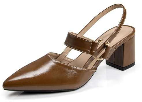 QiBusLeen Spetsig sling rygg blockklackar damklänning med band tjocka klackar skor för kvinnor stängd tå 5 cm låg klack bekväm fest slip-on mulor pumpar, Brun Pu, 43 EU