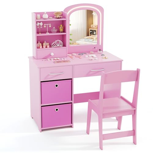 COSTWAY Kids Dressing Table, Girls Vanity Set with Stool, 2-Color LED Lights Mirror, Drawers, Storage Shelves, Removable Bins, Make Up Pretend Dresser Desk Chair Set for Toddlers (Pink)