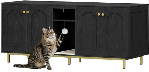 Hzuaneri Kattskåp för 2 Katter, Kattlåda, Dolt Katthus med Dubbelrum, med Förvaringsutrymme, Plyschbollar, kan Användas som TV-Skåp, 140 x 48 x 62 cm, Svart och Guld CB86504A