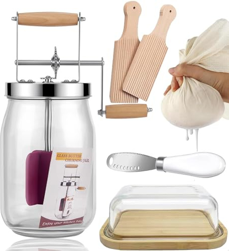 Butterfass Glas mit Handkurbel, 1,5L Butterfass Zum Butter Machen Mit Holzgriff Edelstahlgetriebe Manuelle Buttermaschine,Butter Selber Machen für Kräuterbutter, Knoblauchbutter (1.5L Satz)