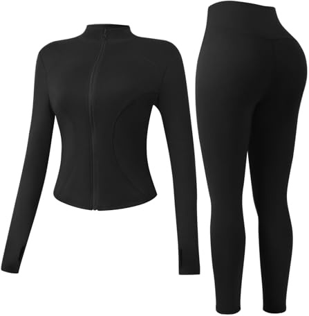 Jetjoy Gym Sets for Women 2 Piece Yoga Sweatsuit Long Sleeve Activewear Zip Up Top Running Jackets Workout Leggings Fitness Tracksuit