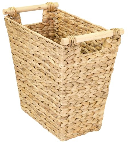 HMF Corbeille à papier pour bureau, panier de rangement tressé avec poignées en bois en jacinthe d’eau | Trapèze | 36 x 19 x 33 cm