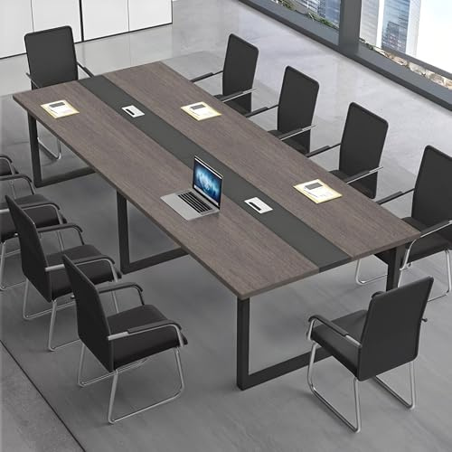 CCUKTFN Tavolo Riunioni Ufficio Moderno, Tavolo da Conferenza Rettangolare con Canalina per Cavi e Struttura in Metallo Nero, Ideale per 8-12 Persone, Sala Conferenze e Seminari