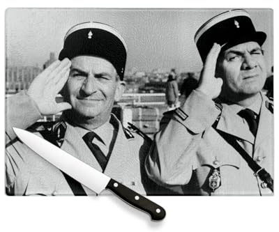 Planche à Découper en Verre Trempé - Louis De Funès Acteur Français Photo de Star Célébrité Vieux Cinéma Original 3 Gendarmes - Protection Plan Travail et Dessous Plat Résistant Chaleur 2 Tailles