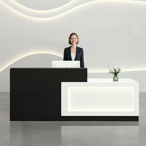 Receptionsskrivbord med LED-ljus och förvaring, trä kommersiell främre räknare för kontor och salong