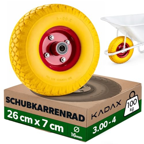 KADAX PU Schubkarrenrad 260 x 70 mm mit robuster Stahlfelge, Polyurethan Ersatzrad 3.00-4 für Schubkarren, pannensicheres Schubkarre Rad mit 16 mm Achsbohrung