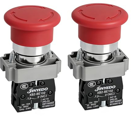 Powice Notausschalter 230V Pilztaster Selbsthaltend Drehentriegelung, 1NO 1NC, 10A, Ø12mm Montagebohrung, Not-Aus Schalter IP40 für Maschinen Industrie Steuerung Notaus-Schalter, Pilzknopf,NC-Kontakt