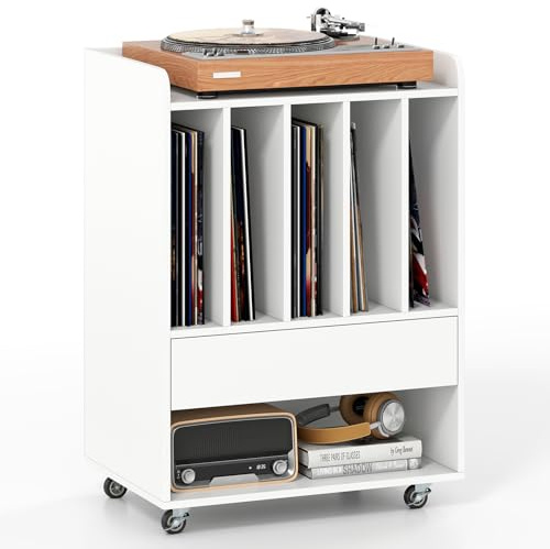 COSTWAY Soporte para Tocadiscos con Ruedas, Mueble para Discos de Vinilo con 5 Compartimentos, Cajón y Estante Abierto, Mesa Auxiliar para Tocadiscos para Salón, Oficina, 52 x 35,5 x 73 cm (Blanco)
