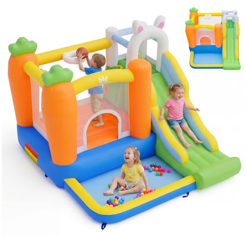 COSTWAY Château Gonflable en Forme Lapin avec Toboggan et Maison de Saut, Aire de Jeux Gonflable avec Piscine à Balles et 50 Balles Océaniques, Panier, Intérieur Extérieur, 3-12 Ans, sans Souffleur