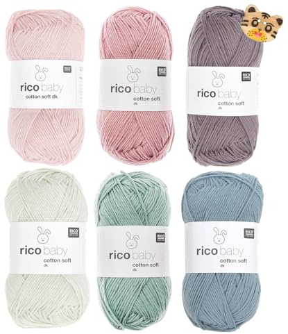 Woll-Set Babywolle Paket Rico Baby Cotton Soft dk 6x50g #46N, Baumwollmischgarn, 50% Baumwolle, 50% Polyacryl, weiche Wolle zum Stricken und Häkeln mit Tierknopf