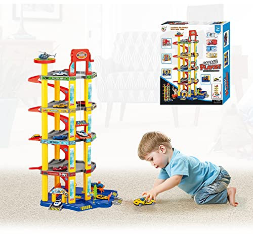 Koolbitz Kids Playtime Car Park Set: 5 Storys with Rotate-to-Raise Lift, Car Wash, Helicopter Pad, Curved Ramps, Fuel Pumps and More, Includes Cars, Fun and Educational Toy Set for Ages 3+