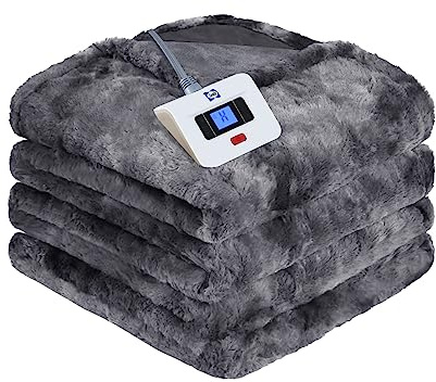 Sealy Electric Blanket Full Size, Heated Warming Blanket Faux Fur & Flannel with 10 Heating Levels & 1-12 Hours Auto Shut Off, Fast Heating, Machine Washable, Grey, 80 x 84 Inch