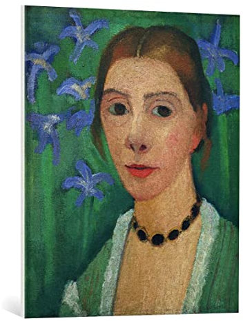 kunst für alle Leinwandbild: Paula Modersohn-Becker Selbstbildnis vor grünem Hintergrund mit Blauer Iris - hochwertiger Druck, Leinwand auf Keilrahmen, Bild fertig zum Aufhängen, 70x85 cm