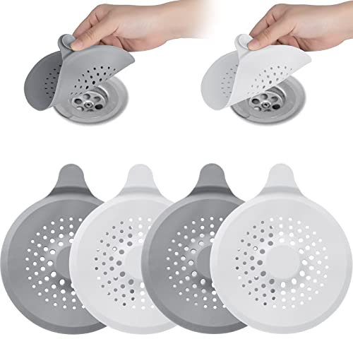 SUSNUAN 4 Pcs Silicone Drain Protector with Sucker, Sink Strainer Protector Shower Drain Cover Hair Catcher Trap Sink Filter for Kitchen Bathroom Bathtub, White+grey, 14*17CM