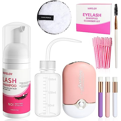 Eyelash Shampoo Cleanser Set, Lash Extension Clean Mousse, Mini USB Fan Dryer, Wash Bottle, Mascara Brush, Cleansing Brushes, Makeup Remover Pad, Disposable Microbrushes, Women Beginner Home Salon Use