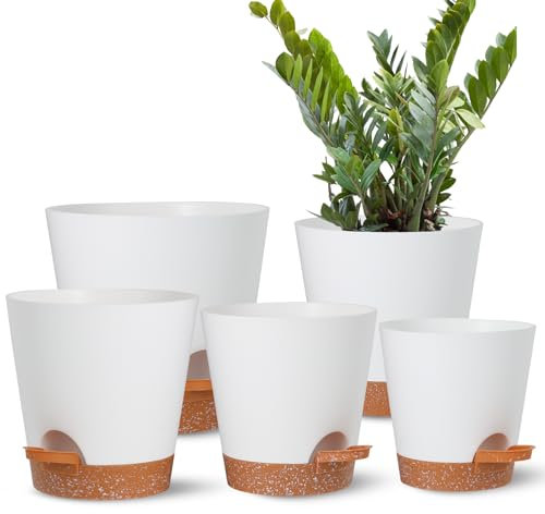 Pflanzentöpfe,Selbstbewässerung Pflanzgefäße mit Drainageloch 17.78+16.51+15.24+13.97+12.7CM Weiß Kunststoff Blumentöpfe,Baumschule Pflanztopf für alle Zimmerpflanzen,afrikanische Veilchen,Blumen