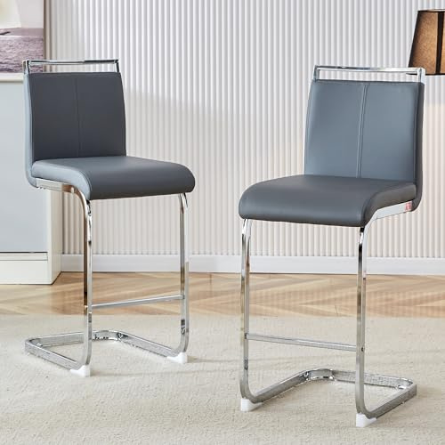 gopop Bar Stools Set of 2,Counter Height Bar Stools with Backs,Grey PU Kitchen Chairs with Chrome Plated Metal Leg,Upholstered High Dining Chair Ideal for Kitchen Counter Dining Island Bar Pub