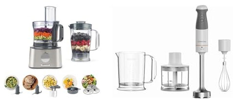 Kenwood Multipro FDM301SS Robot da cucina con 2 velocità di Lavorazione+Pulse, Ciotola da 1.2L & Frullatore ad Immersione HBM40.302WH, Sistema TriBlade con 3 Lame, 1 Velocità+Turbo