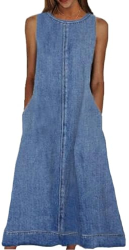 Womens Casual Sleeveless Maxi Denim Dress Crewneck Vintage Loose Long Tank Jean Dress with Pockets (Medium,Light Blue)